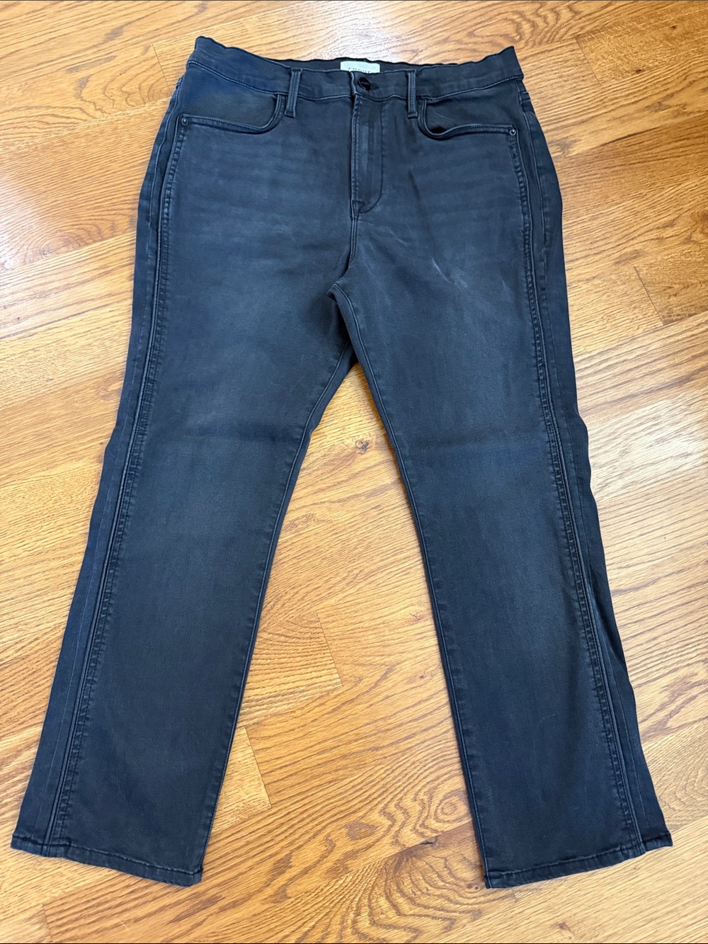 FRAME Le High Straight High Rise Black Jeans Size 34 Leather-Like Trim
